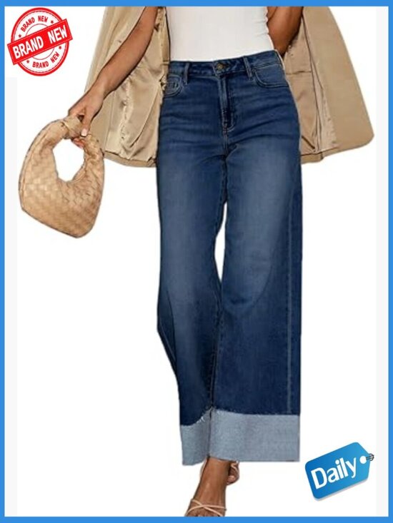 Denim - High Waisted Wide Leg Stretch Frayed Hem Boyfriend Jeans